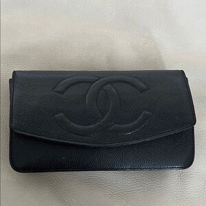 CHANEL Black Quilted CC Logo Caviar Leather Clutch